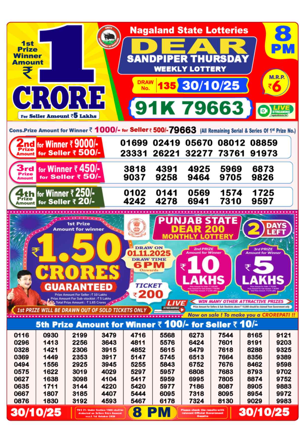 Lottery Sambad 30.10.25 Dear Lottery Result 8pm