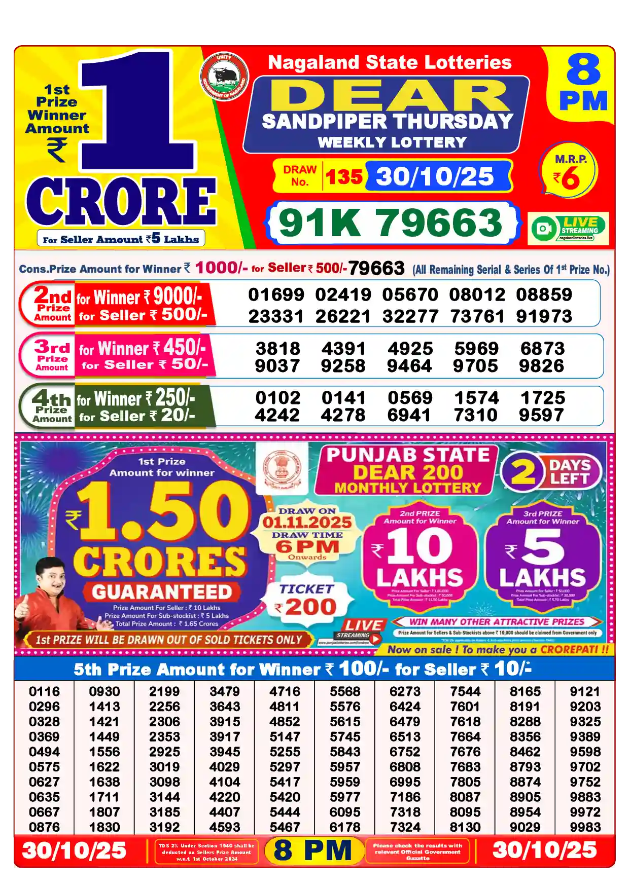 Lottery Sambad 30.10.25 Dear Lottery Result 8pm