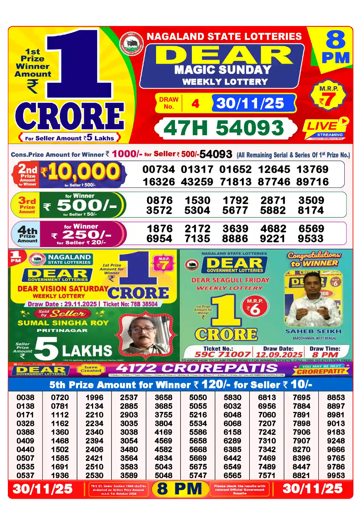 Lottery Sambad 30.11.25 Dear Lottery Result 8pm