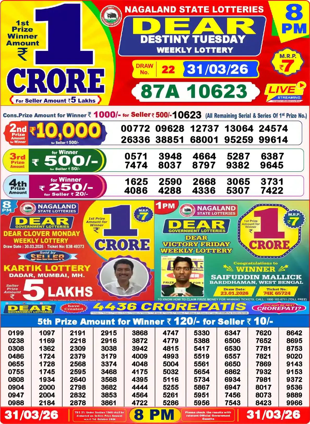 Lottery Sambad 31.03.26 Dear Lottery Result 8pm