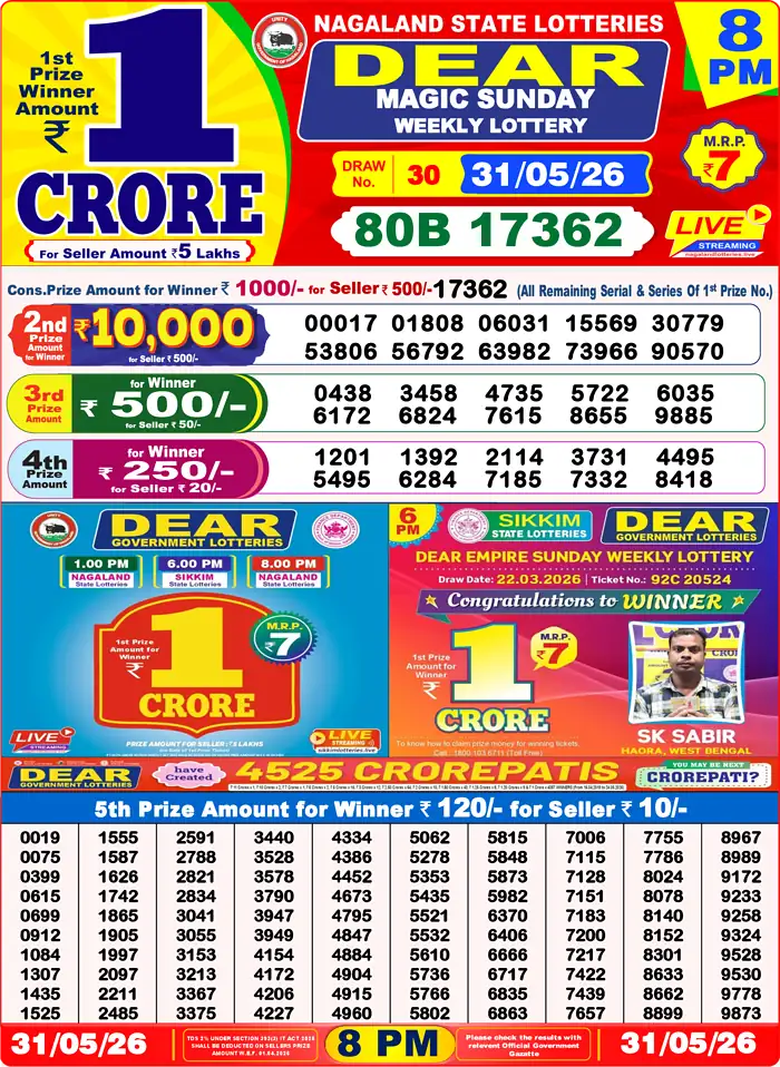 Lottery Sambad 31.05.26 Dear Lottery Result 8pm