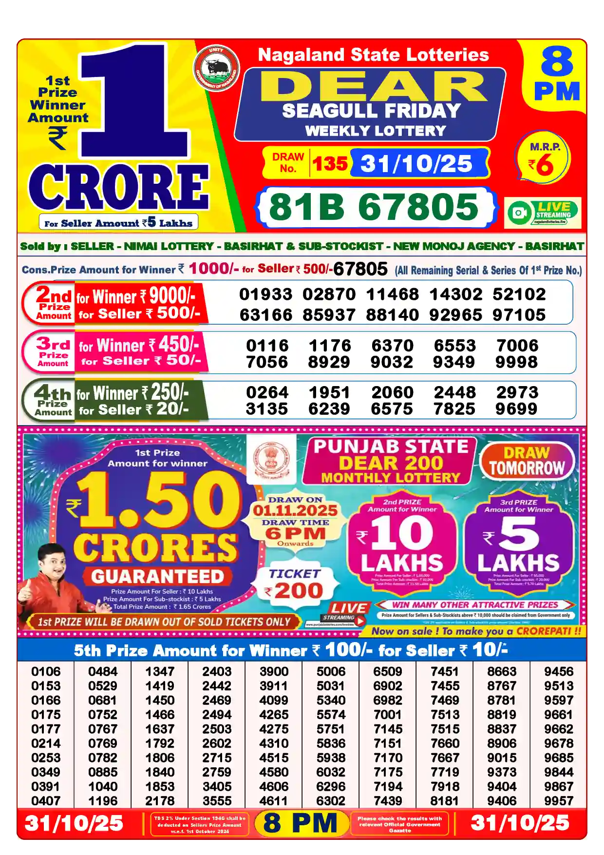 Lottery Sambad 31.10.25 Dear Lottery Result 8pm