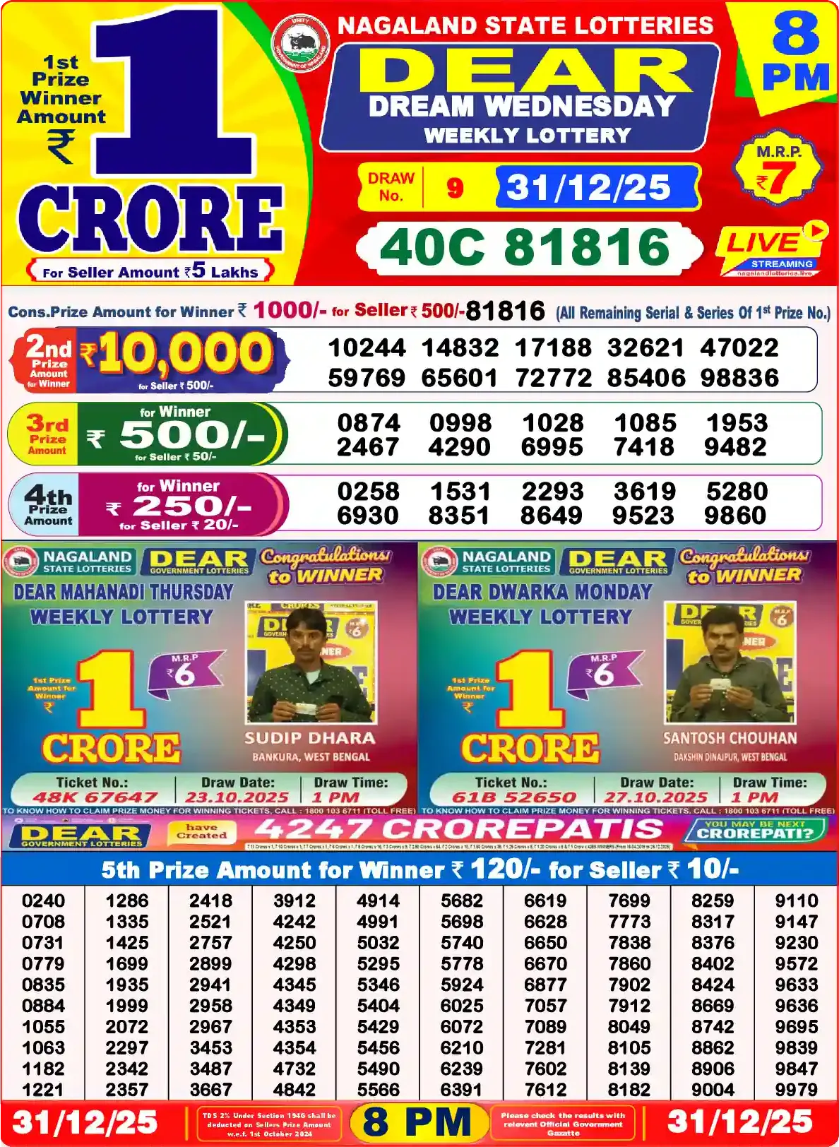 Lottery Sambad 31.12.25 Dear Lottery Result 8pm