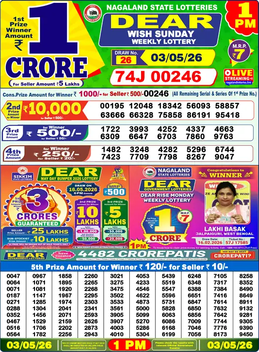 Lottery Sambad Today 1 PM Result 03 May 2026
