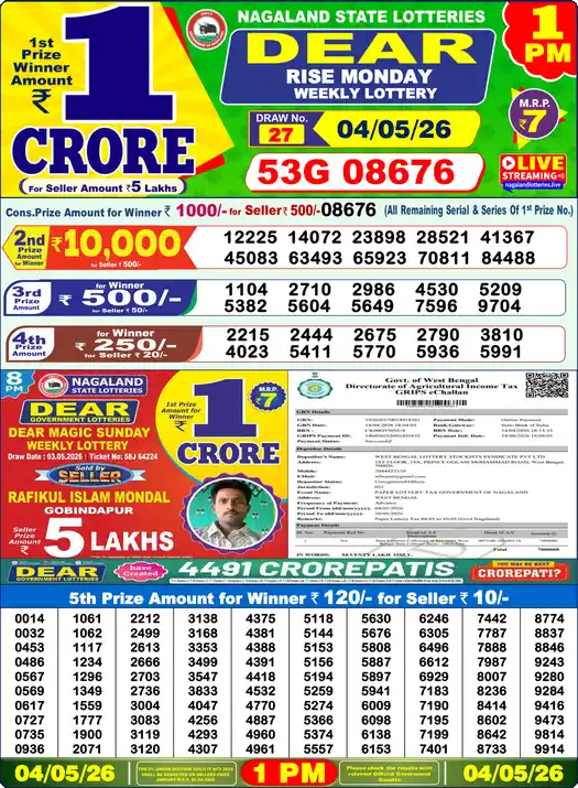 Lottery Sambad Today 1 PM Result 04 May 2026
