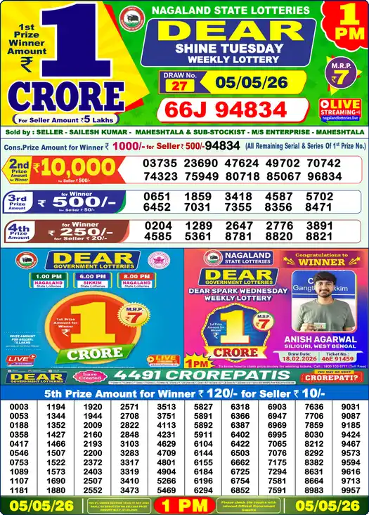 Lottery Sambad Today 1 PM Result 05 May 2026
