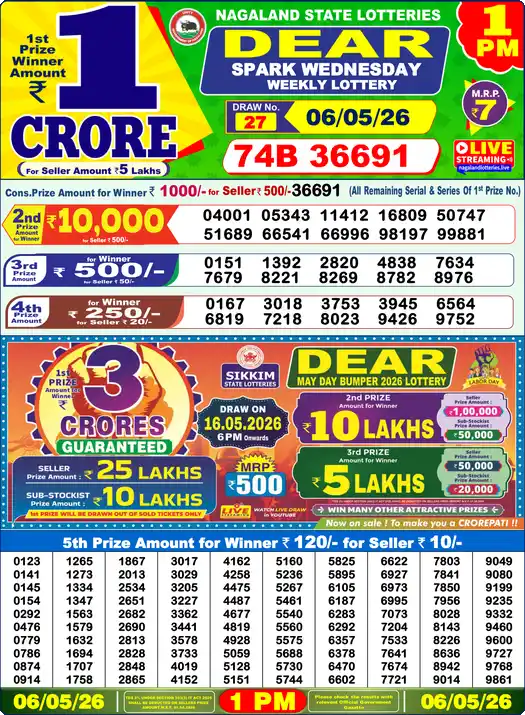 Lottery Sambad Today 1 PM Result 06 May 2026