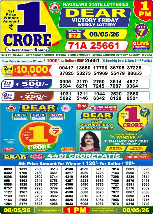 Lottery Sambad Today 1 PM Result 08 May 2026