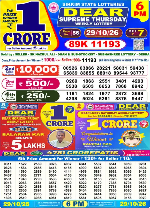 Dear Lottery Result Today 6 PM (29-10-2026), first prize 89K 11193