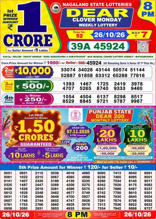 Dear Lottery Result Yesterday 8 PM (26-10-2026), first prize 39A 45924
