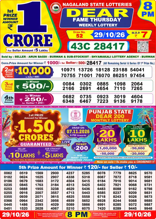 Dear Lottery Result Yesterday 8 PM (29-10-2026), first prize 43C 28417