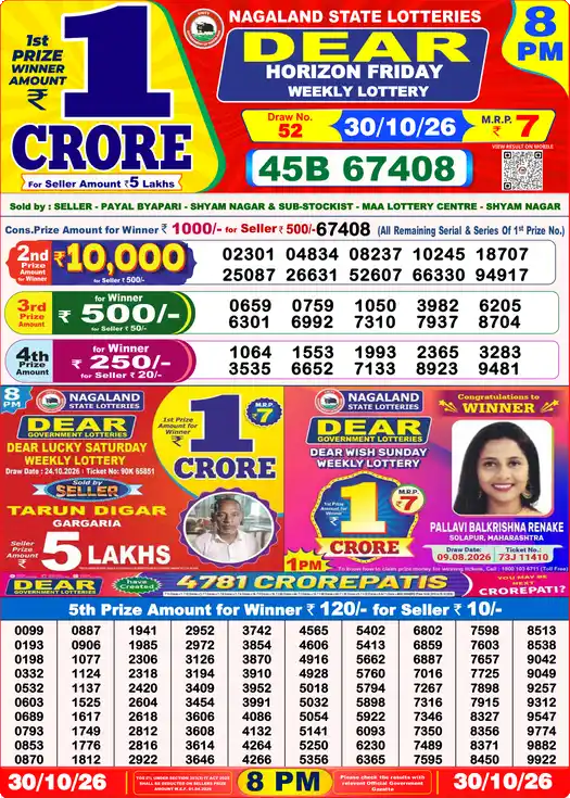 Dear Lottery Result Today 8 PM (30-10-2026), first prize 45B 67408
